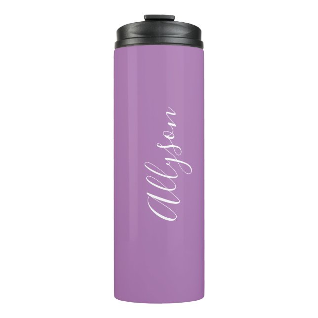 Personalise Name White Script Vertical, Lavender Thermal Tumbler (Front)