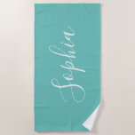 Personalise Name White Script Vertical, Light Teal Beach Towel<br><div class="desc">Personalise your Name vertically In white Script Text on Light Teal background. Click “Edit Using Design Tool” to change colours and type styles.</div>
