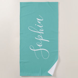 Personalise Name White Script Vertical, Light Teal Beach Towel