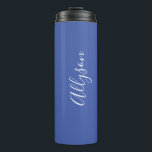 Personalise Name White Script Vertical, Med Blue Thermal Tumbler<br><div class="desc">Personalise your Name vertically In white Script Text on medium blue background. Click “Customise” to change colours and type styles.</div>