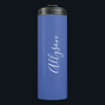 Personalise Name White Script Vertical, Med. Blue Thermal Tumbler<br><div class="desc">Personalise your Name vertically In white Script Text on Medium Blue background. Click “Edit Using Design Tool” to change colours and type styles.</div>