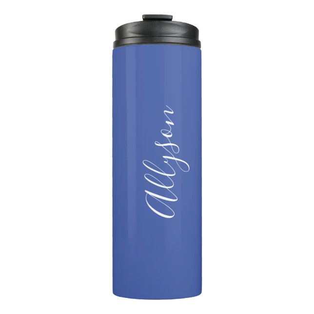 Personalise Name White Script Vertical, Med. Blue Thermal Tumbler (Front)