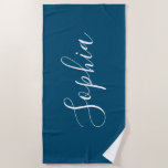 Personalise Name White Script Vertical, Ocean Blue Beach Towel<br><div class="desc">Personalise your Name vertically In white Script Text on Ocean Blue background. Click “Edit Using Design Tool” to change colours and type styles.</div>