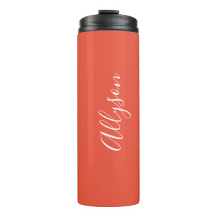 Personalise Name White Script Vertical, Orange Red Thermal Tumbler