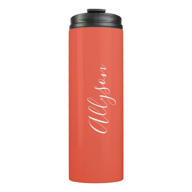 Personalise Name White Script Vertical, Orange Red Thermal Tumbler (Front)