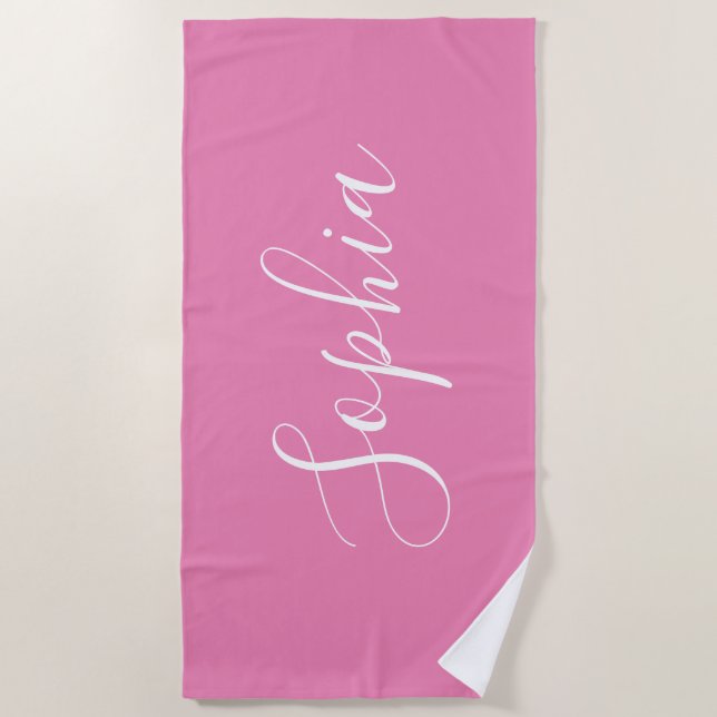Personalise Name White Script Vertical, Pink Beach Towel (Front)