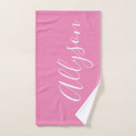 Personalise Name White Script Vertical, Pink Hand Towel<br><div class="desc">Personalise your Name vertically In white Script Text on Pink background. Click “Edit Using Design Tool” to change colours and type styles.</div>