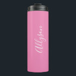 Personalise Name White Script Vertical, Pink Thermal Tumbler<br><div class="desc">Personalise your Name vertically In white Script Text on Pink background. Click “Customise” to change colours and type styles.</div>