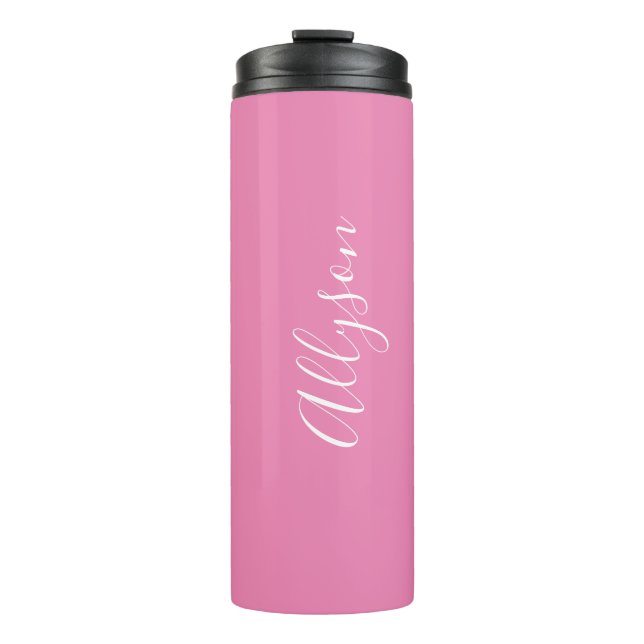 Personalise Name White Script Vertical, Pink Thermal Tumbler (Front)