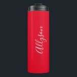 Personalise Name White Script Vertical, Red Thermal Tumbler<br><div class="desc">Personalise your Name vertically In white Script Text on Red background. Click “Edit Using Design Tool” to change colours and type styles.</div>
