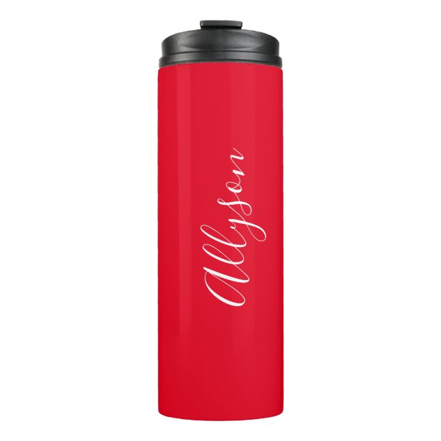 Personalise Name White Script Vertical, Red Thermal Tumbler (Front)