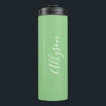Personalise Name White Script Vertical, Sage Thermal Tumbler<br><div class="desc">Personalise your Name vertically In white Script Text on sage background. Click “Customise” to change colours and type styles.</div>