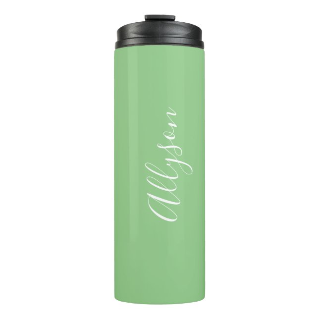 Personalise Name White Script Vertical, Sage Thermal Tumbler (Front)