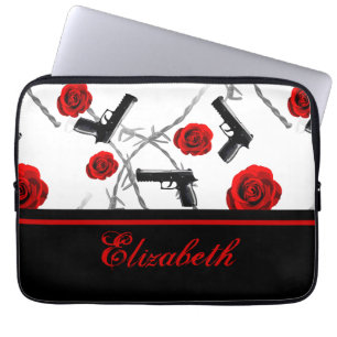 Personalise Name Women's Red Rose Gun Barbed Wire Laptop Sleeve