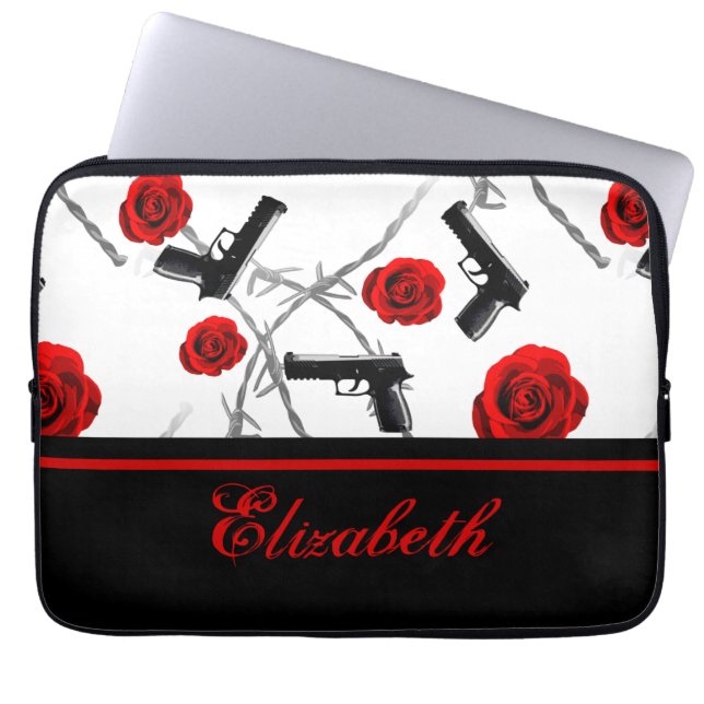 Personalise Name Women's Red Rose Gun Barbed Wire Laptop Sleeve (Front)