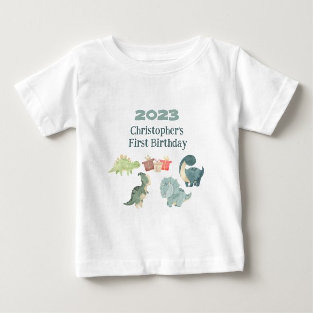 Personalise Name Year First Birthday Baby Dino Baby T-Shirt (Front)