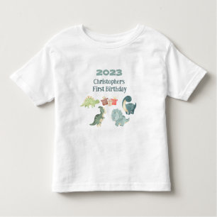 Personalise Name Year First Birthday Cute Dino Toddler T-Shirt