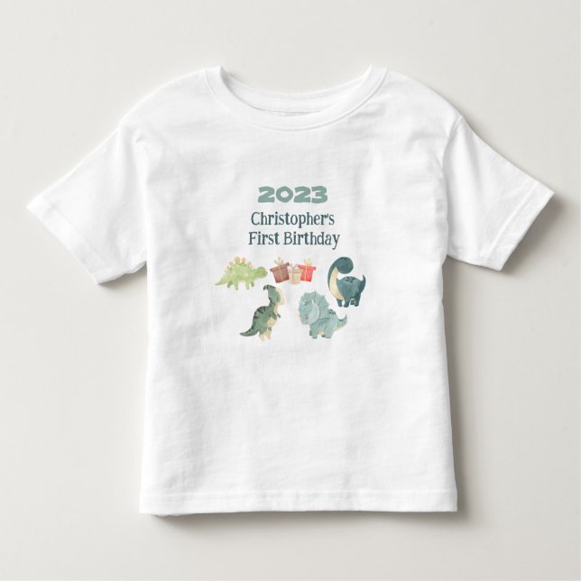 Personalise Name Year First Birthday Cute Dino Toddler T-Shirt (Front)