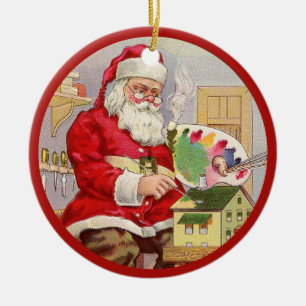 Personalise Name & Year Vintage Santa in Workshop Ceramic Ornament