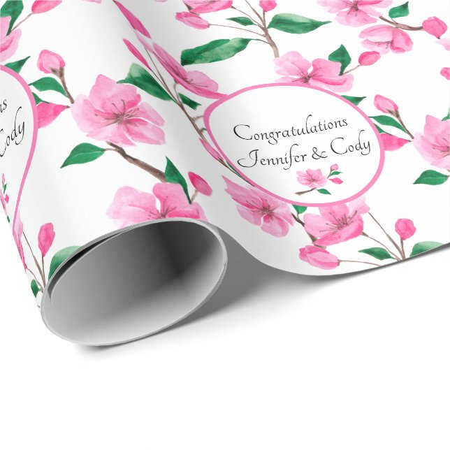 Personalise Names Cherry Blossoms Wedding Gift Wrapping Paper (Roll Corner)