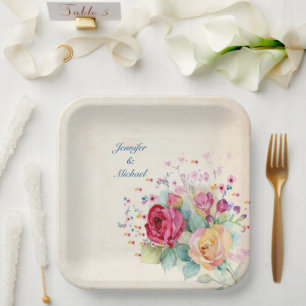 Personalise Names & Text Wedding Spray of Roses Paper Plate