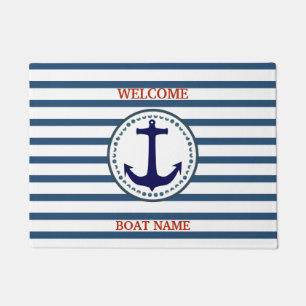 Personalise Nautical Blue Welcome Boat Name Stripe Doormat