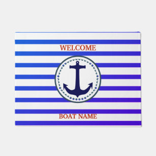Personalise Nautical Blue Welcome Boat Name Stripe Doormat