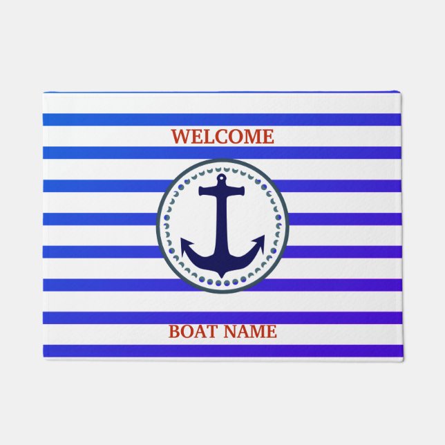 Personalise Nautical Blue Welcome Boat Name Stripe Doormat (Front)