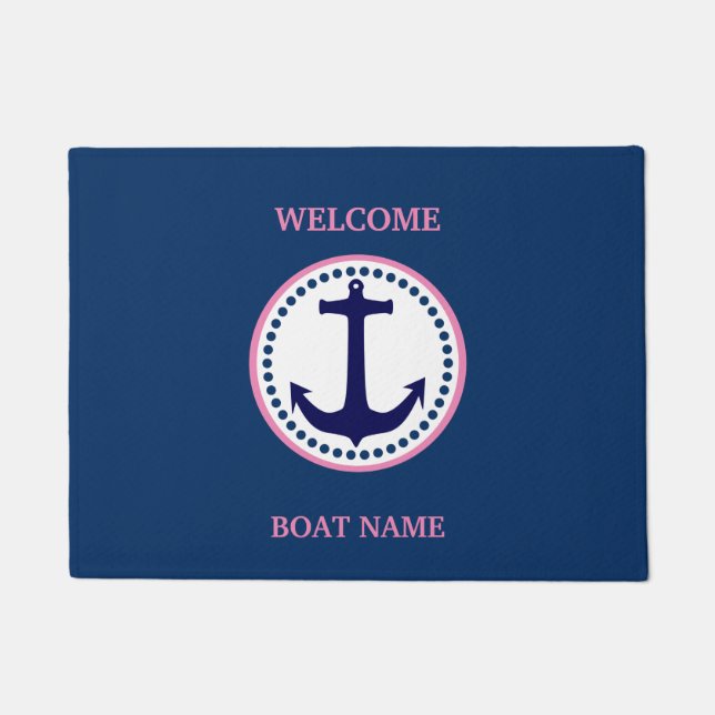 Personalise Nautical Blue Welcome Boat Name Stripe Doormat (Front)