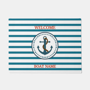 Personalise Nautical Blue Welcome Boat Name Stripe Doormat