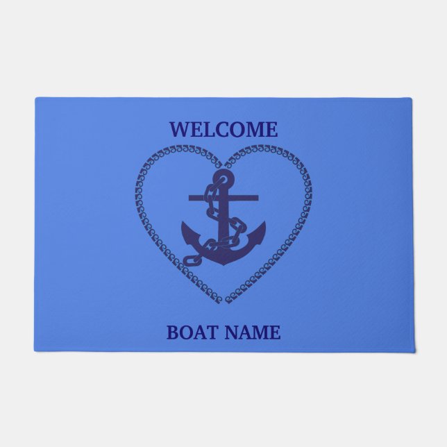 Personalise Nautical Blue Welcome Boat Name Stripe Doormat (Front)