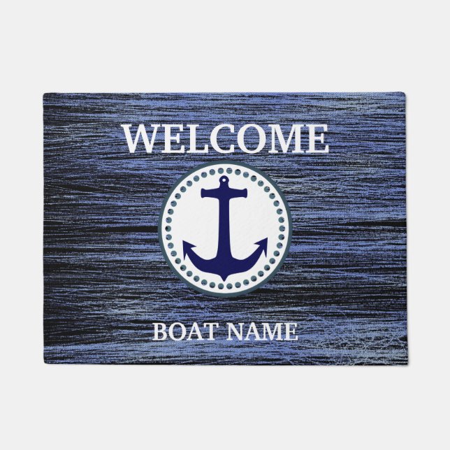 Personalise Nautical Blue Welcome Boat Name Stripe Doormat (Front)