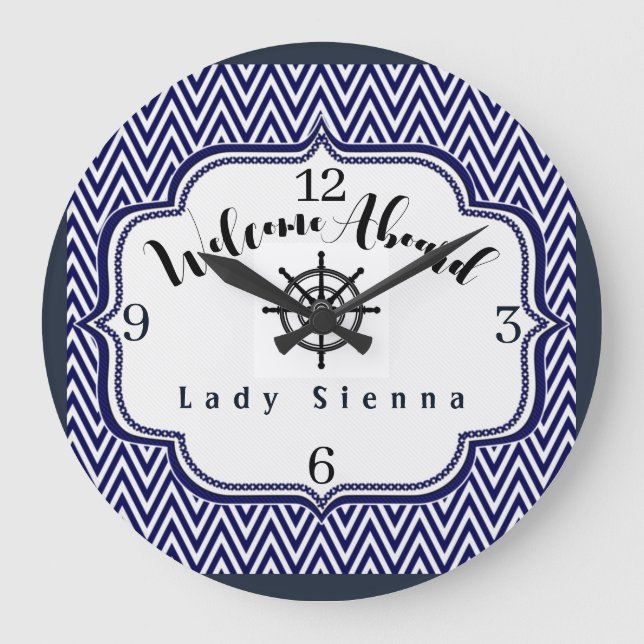 Personalise Navy Blue and White with Ship Wheel    Large Clock (Front)