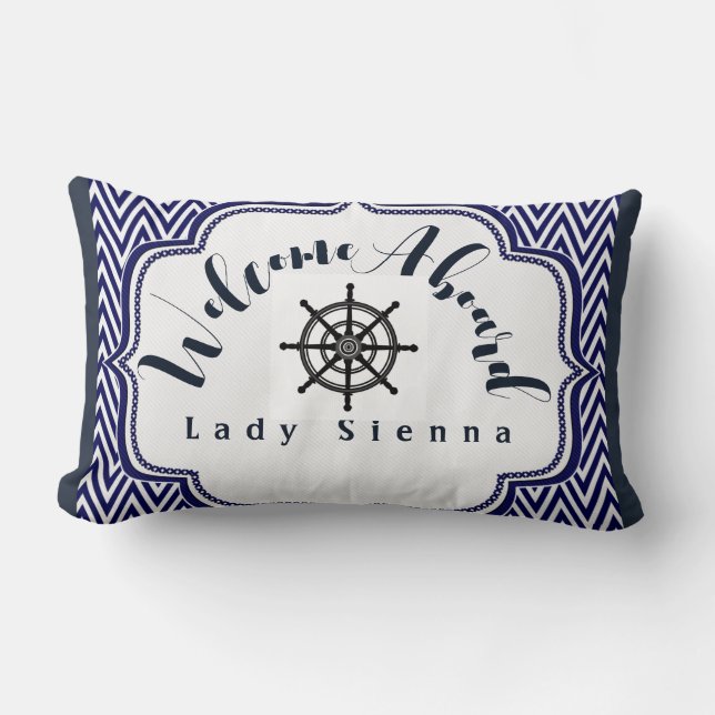 Personalise Navy Blue and White with Ship Wheel  Lumbar Cushion (Front)