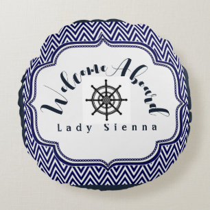 Personalise Navy Blue and White with Ship Wheel  Round Cushion