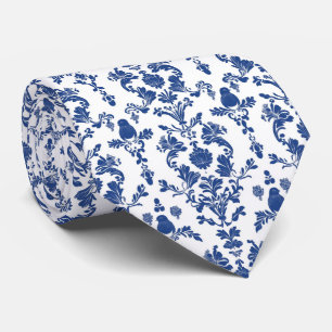 Personalise Navy Blue Damask Floral on White Tie