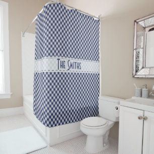 Personalise:  Navy Gingham Check Diagonal Pattern Shower Curtain
