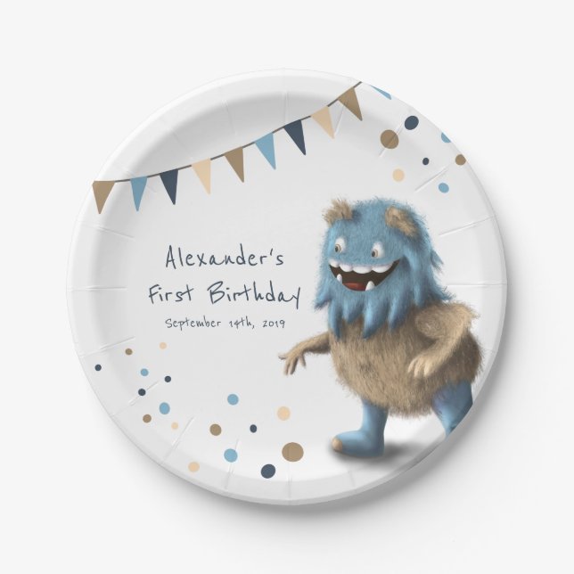 Personalise neutral birthday monster paper plates (Front)