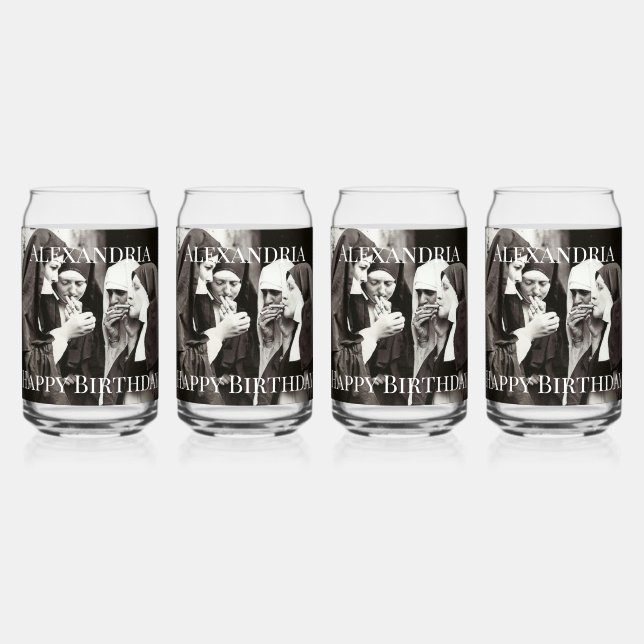 Personalise Nuns Smoking Vintage Happy birthday Can Glass (Front)