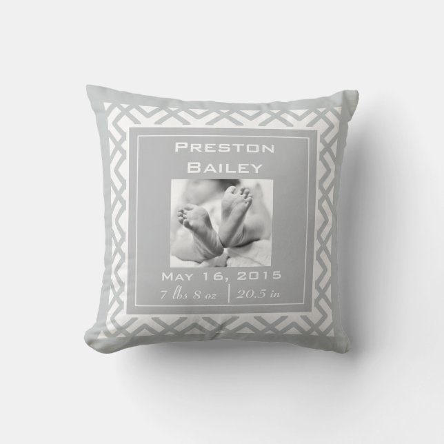 Personalise Nursery Birth Announcement, Grey Cushion (Front)