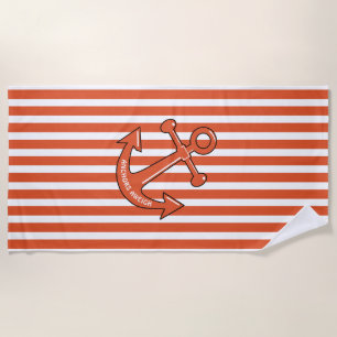Personalise Orange Cabana Stripes Anchor Beach Towel