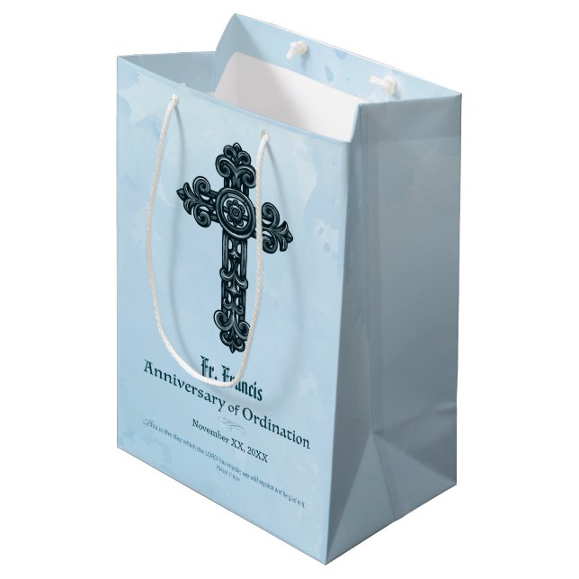 Personalise, Ordination Anniversary Priest, Cross Medium Gift Bag (Front Angled)