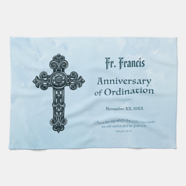 Personalise, Ordination Anniversary Priest, Cross Tea Towel (Horizontal)