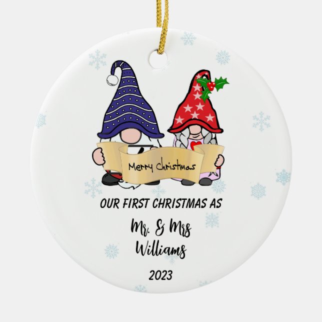 Personalise Our First Christmas Gnomes Ceramic Ornament (Front)