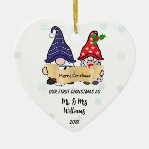 Personalise Our First Christmas Gnomes Heart Ceramic Ornament