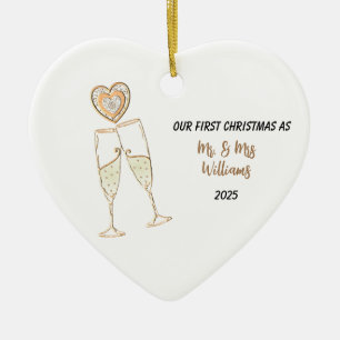 Personalise Our First Christmas Heart & Champagne Ceramic Ornament