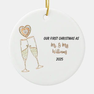 Personalise Our First Christmas Heart & Champagne Ceramic Ornament