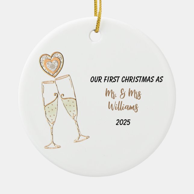Personalise Our First Christmas Heart & Champagne Ceramic Ornament (Front)