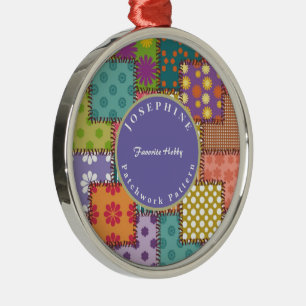 Personalise Patchwork Pattern Flowers Polka Dot   Metal Ornament