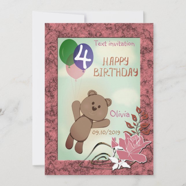 Personalise, personal, birthday, Teddy bear Invitation (Front)
